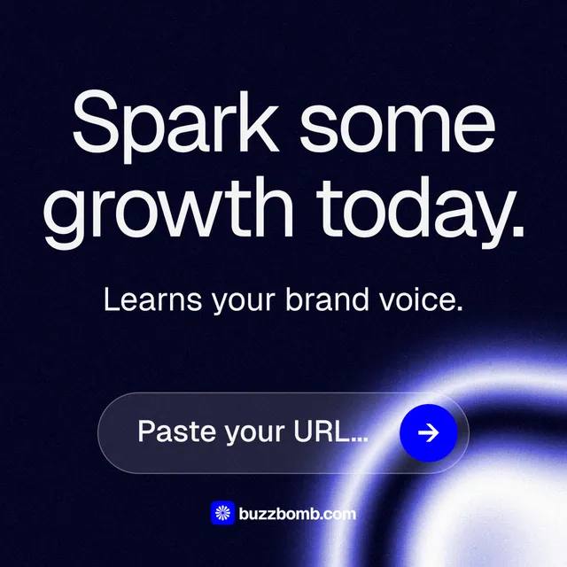 Instagram post for BuzzBomb: "Spark some growth today." Agentic glass style, skeleton layout, dark palette in black, blue.