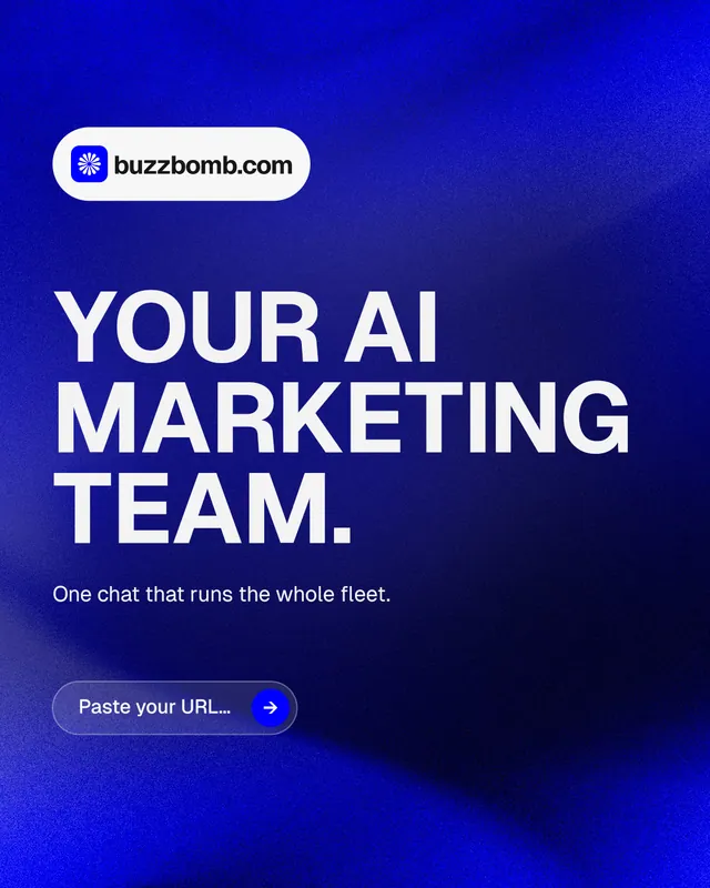 Instagram portrait post for BuzzBomb: "Your AI marketing team." Agentic glass style, announce layout, dark palette in blue.