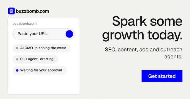 Social ad for BuzzBomb: "Spark some growth today." Swiss style, right layout, light palette in white, blue.
