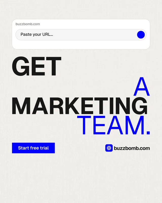 Instagram portrait post for BuzzBomb: "Get a marketing team." Swiss style, stacked layout, light palette in white, grey.