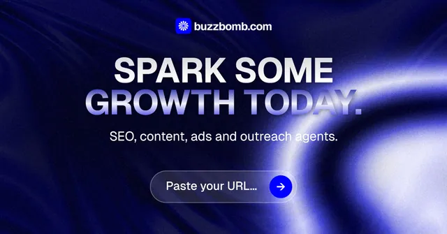 Social ad for BuzzBomb: "Spark some growth today." Agentic glass style, centred layout, dark palette in blue, black.