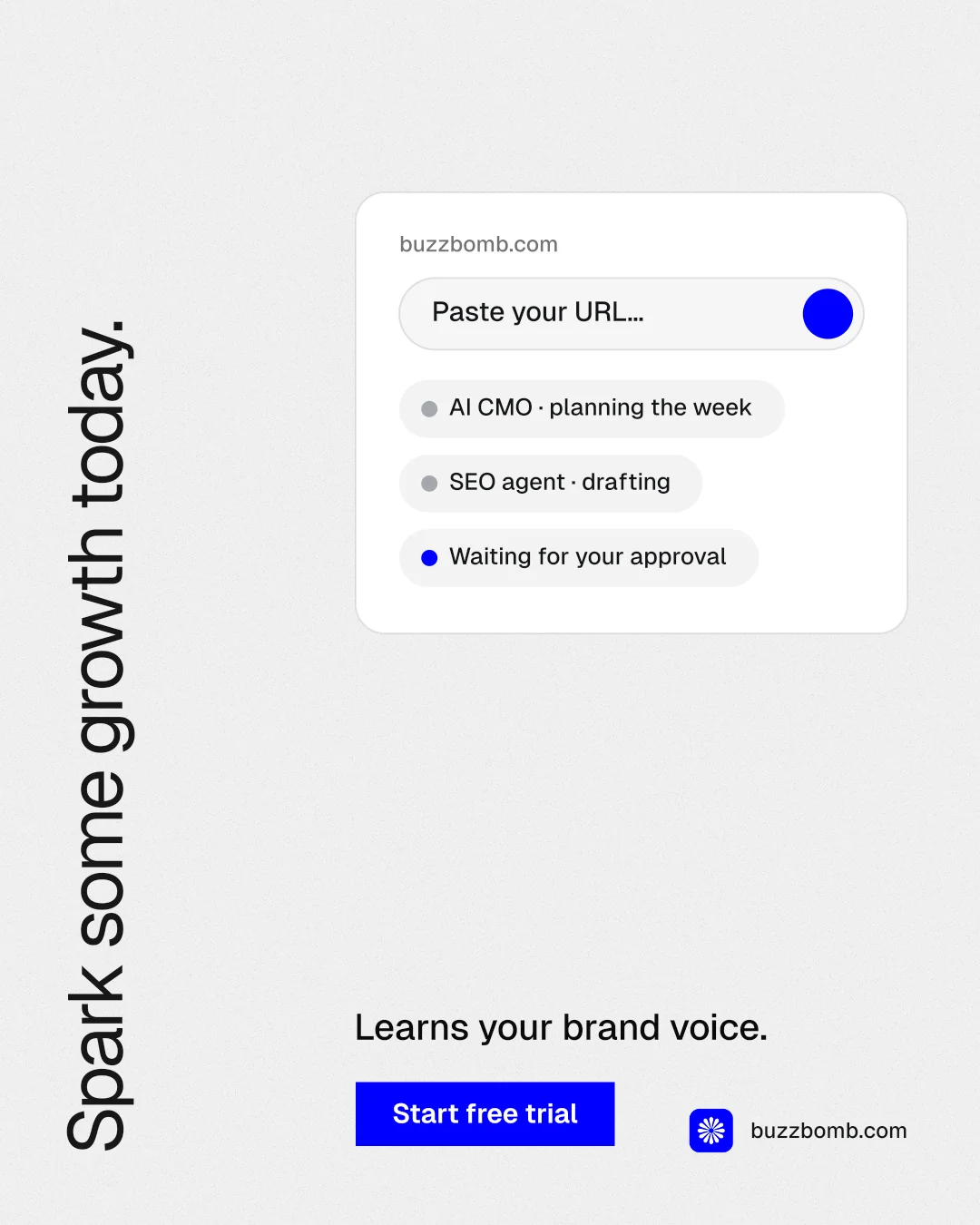 Instagram portrait post for BuzzBomb: "Spark some growth today." Swiss style, vertical layout, light palette in white, blue.
