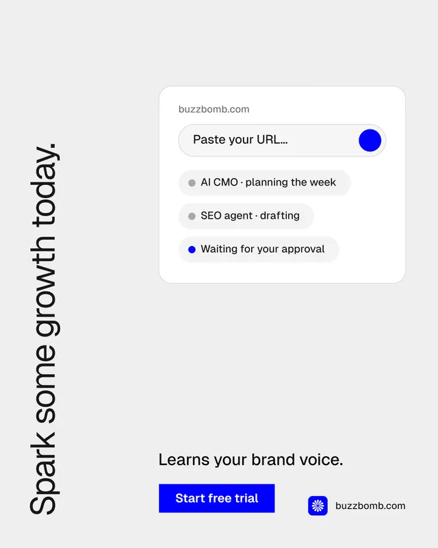 Instagram portrait post for BuzzBomb: "Spark some growth today." Swiss style, vertical layout, light palette in white, blue.