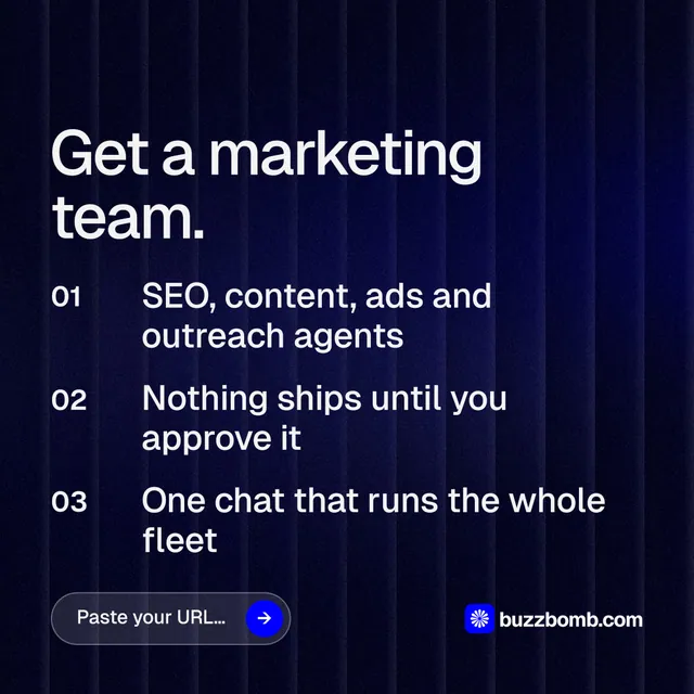 Instagram post for BuzzBomb: "Get a marketing team." Agentic glass style, numbered layout, dark palette in black, blue, grey.