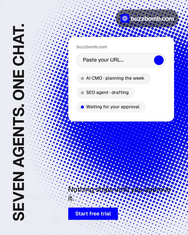 Instagram portrait post for BuzzBomb: "Seven agents. One chat." Swiss style, vertical layout, light palette in blue, white.