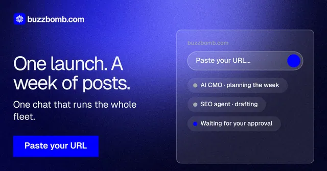 Social ad for BuzzBomb: "One launch. A week of posts." Swiss style, bottom layout, dark palette in blue.