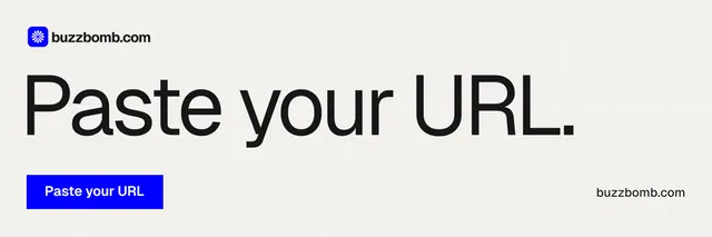 X header for BuzzBomb: "Paste your URL." Swiss style, poster layout, light palette in white, grey.