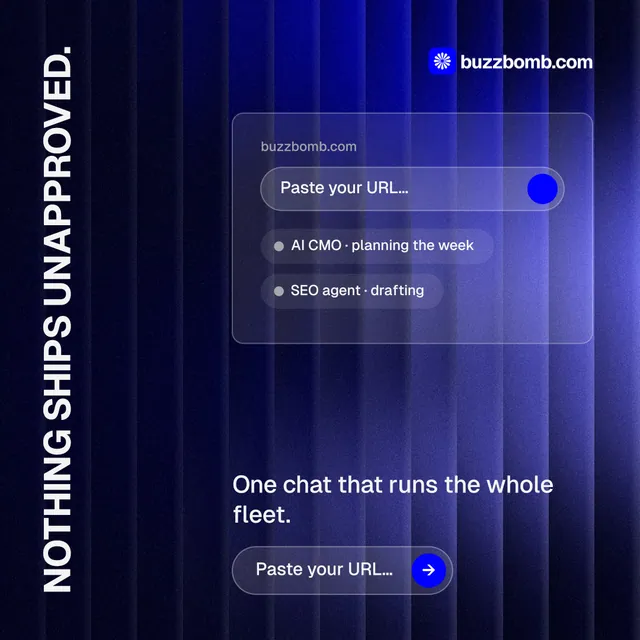 Instagram post for BuzzBomb: "Nothing ships unapproved." Agentic glass style, vertical layout, dark palette in black, blue.