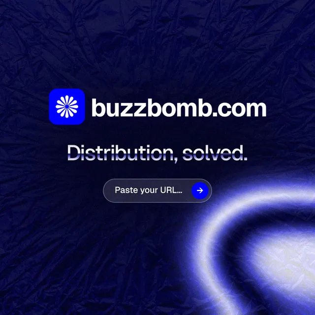 Instagram post for BuzzBomb: "Distribution, solved." Agentic glass style, logo hero layout, dark palette in blue, black.
