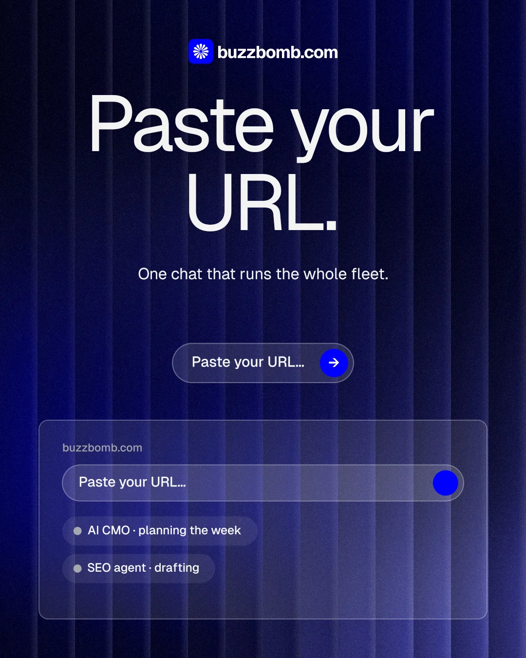Instagram portrait post for BuzzBomb: "Paste your URL." Agentic glass style, centred layout, dark palette in blue, black.
