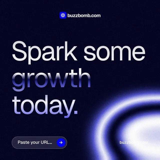 Instagram post for BuzzBomb: "Spark some growth today." Agentic glass style, poster layout, dark palette in black, blue.