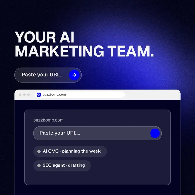 Instagram post for BuzzBomb: "Your AI marketing team." Agentic glass style, browser layout, dark palette in blue, black.