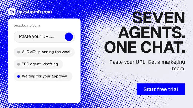 Landscape graphic for BuzzBomb: "Seven agents. One chat." Split block style, right layout, light palette in white, blue.