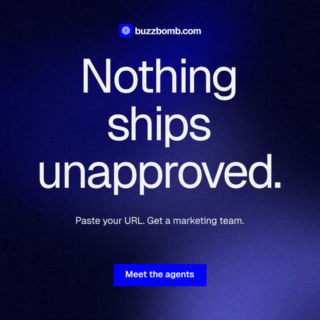 Instagram post for BuzzBomb: "Nothing ships unapproved." Swiss style, centred layout, dark palette in black, blue.