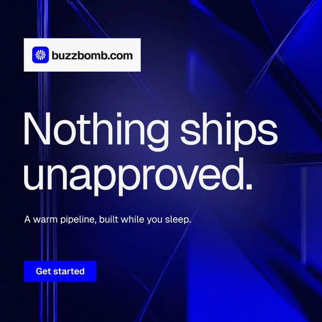 Instagram post for BuzzBomb: "Nothing ships unapproved." Swiss style, announce layout, dark palette in blue, black, grey.