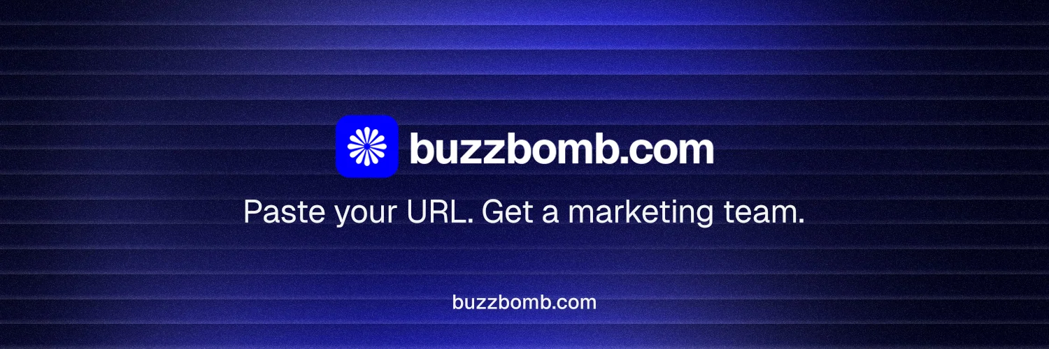 X header for BuzzBomb: "Distribution, solved." Agentic glass style, end card layout, dark palette in blue, black.
