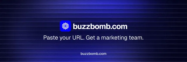 X header for BuzzBomb: "Distribution, solved." Agentic glass style, end card layout, dark palette in blue, black.