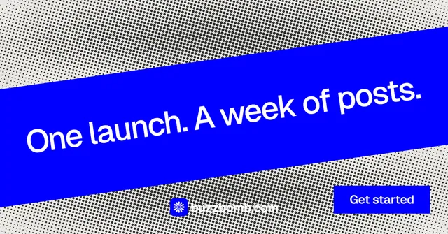 Social ad for BuzzBomb: "One launch. A week of posts." Swiss style, diagonal layout, dark palette in blue, grey.