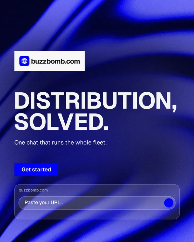 Instagram portrait post for BuzzBomb: "Distribution, solved." Swiss style, announce layout, dark palette in blue.