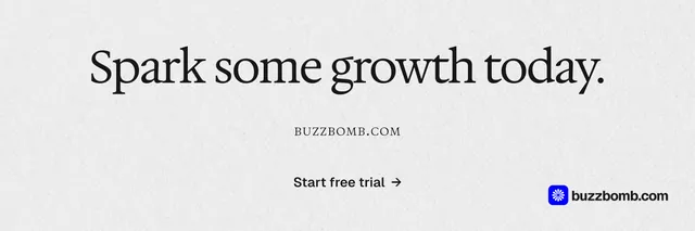 X header for BuzzBomb: "Spark some growth today." Swiss style, smallcaps layout, light palette in white.