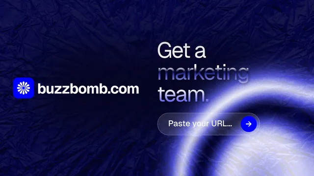 Landscape graphic for BuzzBomb: "Get a marketing team." Agentic glass style, logo hero layout, dark palette in blue, black.