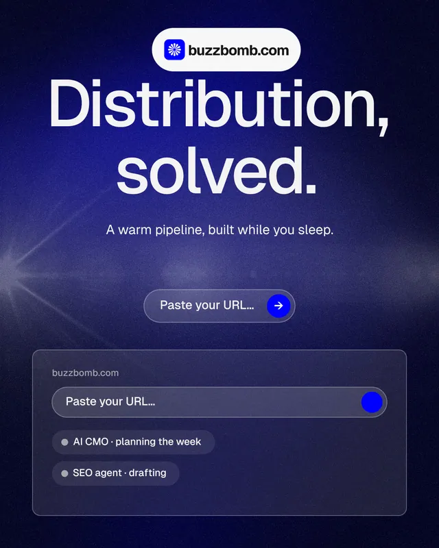 Instagram portrait post for BuzzBomb: "Distribution, solved." Agentic glass style, centred layout, dark palette in black, blue.