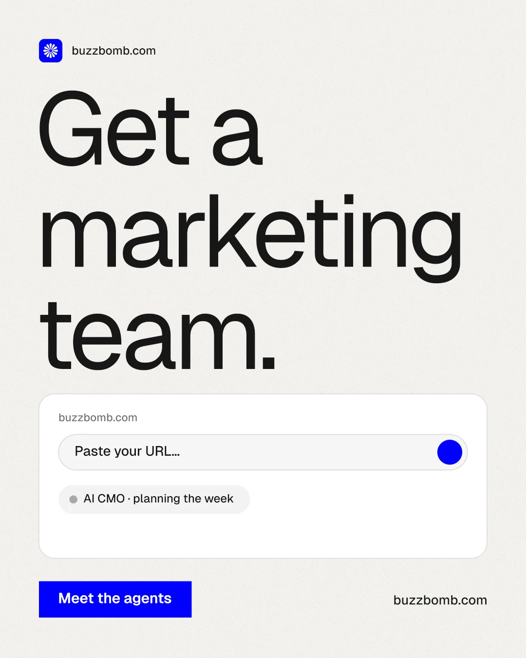 Instagram portrait post for BuzzBomb: "Get a marketing team." Swiss style, poster layout, light palette in white, grey.