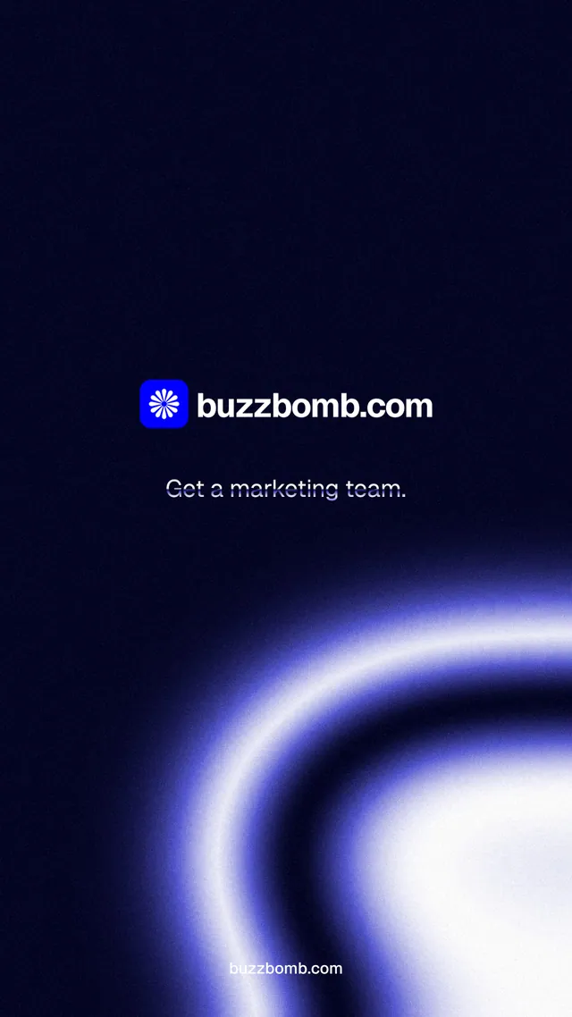 Instagram story for BuzzBomb: "Get a marketing team." Agentic glass style, end card layout, dark palette in black, blue.