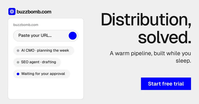 Social ad for BuzzBomb: "Distribution, solved." Swiss style, right layout, light palette in white, blue.