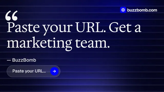 Landscape graphic for BuzzBomb: "Paste your URL." Agentic glass style, quote layout, dark palette in black, blue, grey.