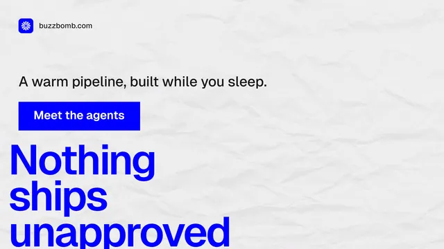 Landscape graphic for BuzzBomb: "Nothing ships unapproved." Swiss style, oversized layout, light palette in white, blue.