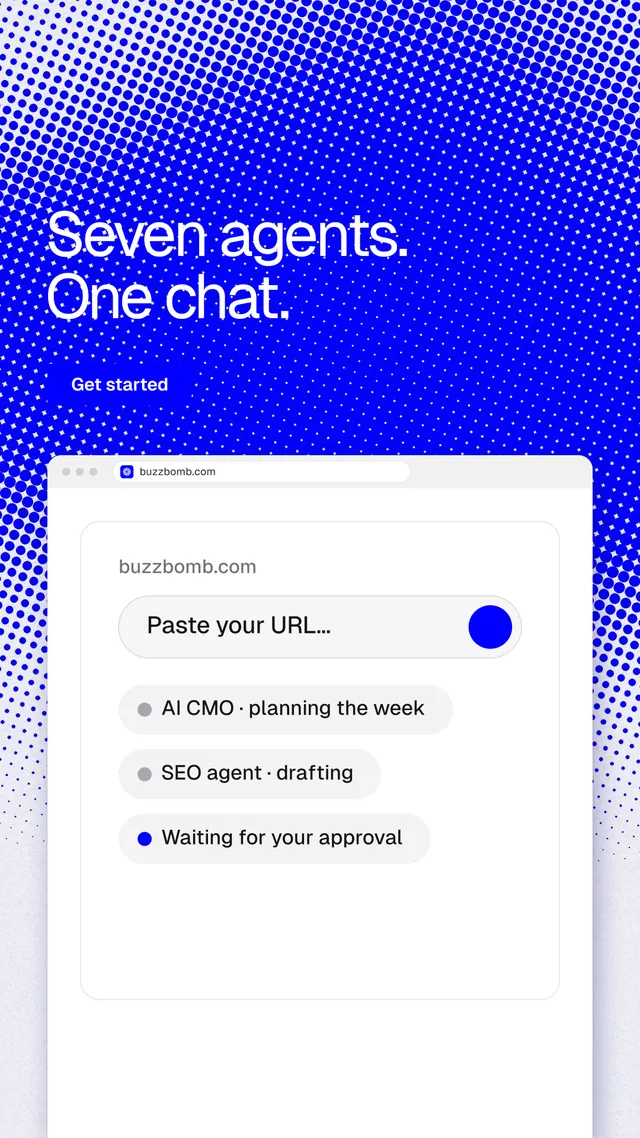 Instagram story for BuzzBomb: "Seven agents. One chat." Swiss style, browser layout, light palette in blue, white.