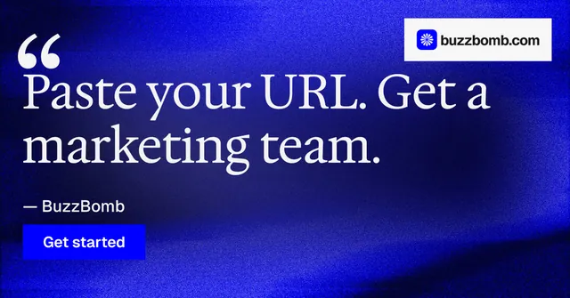 Social ad for BuzzBomb: "One launch. A week of posts." Swiss style, quote layout, dark palette in blue.