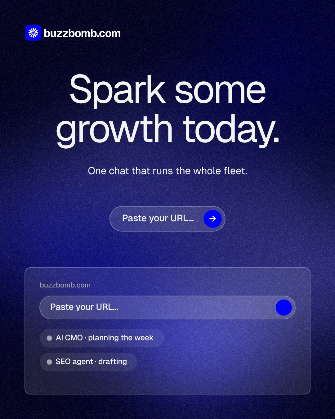 Instagram portrait post for BuzzBomb: "Spark some growth today." Agentic glass style, centred layout, dark palette in black, blue.