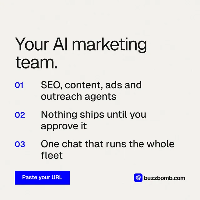 Instagram post for BuzzBomb: "Your AI marketing team." Swiss style, numbered layout, light palette in white.