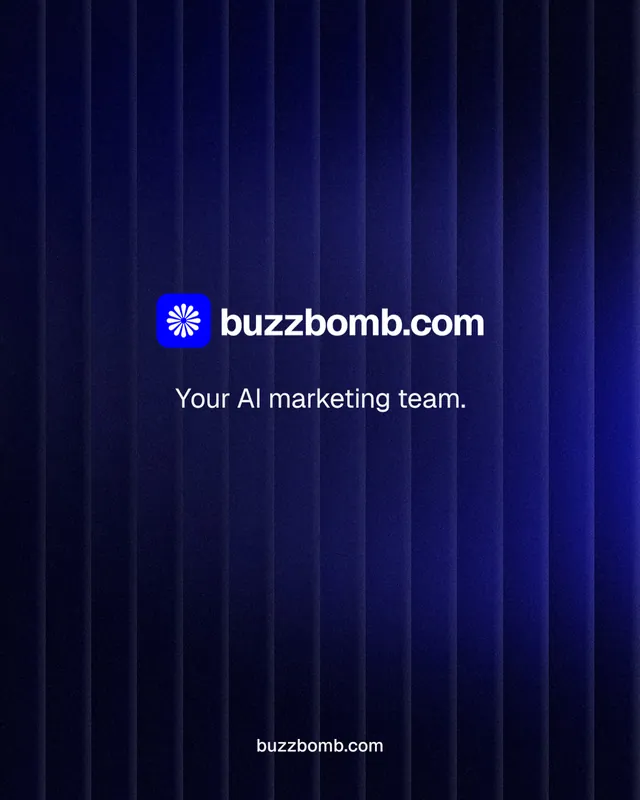 Instagram portrait post for BuzzBomb: "Your AI marketing team." Agentic glass style, end card layout, dark palette in black, blue.