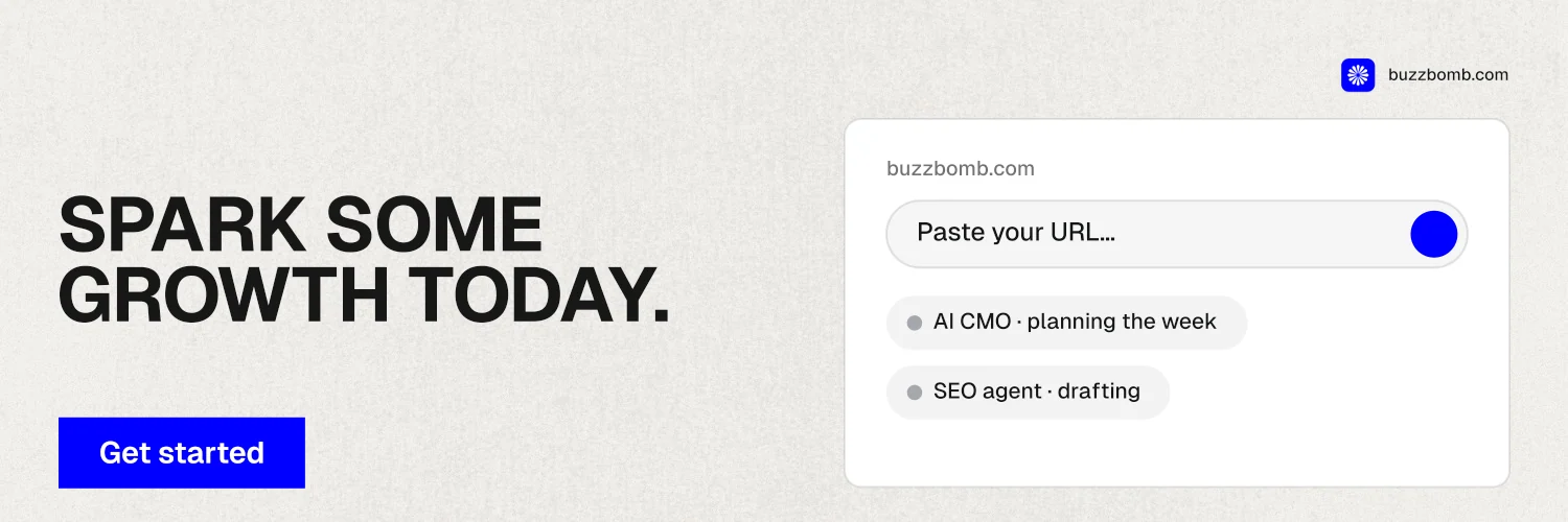 X header for BuzzBomb: "Spark some growth today." Swiss style, bottom layout, light palette in white, grey.