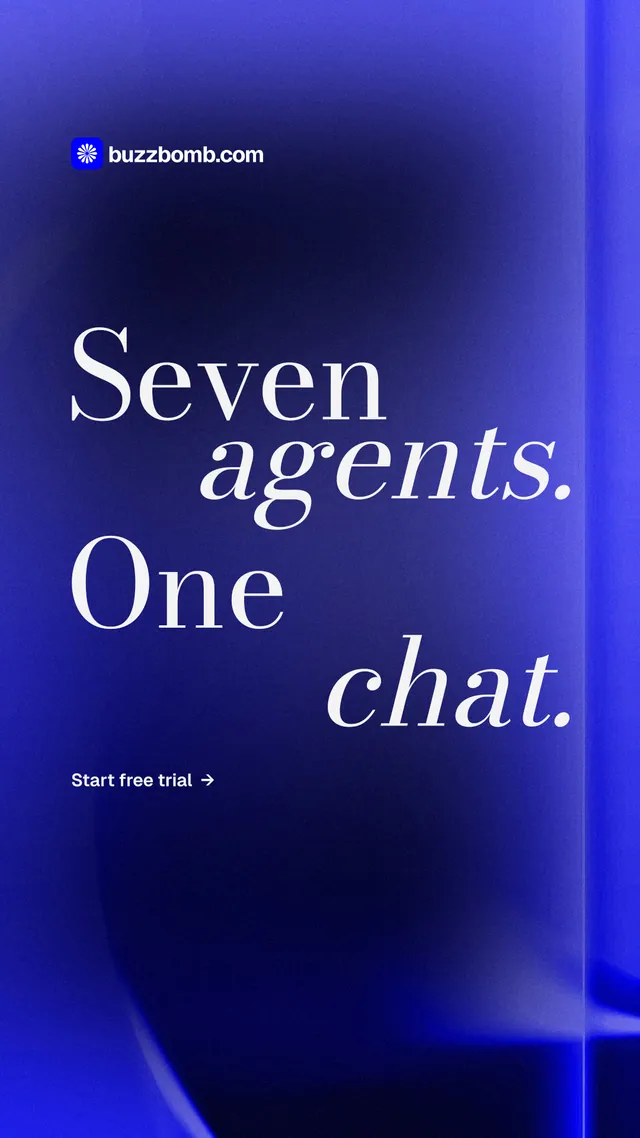 Instagram story for BuzzBomb: "Seven agents. One chat." Minimal luxury style, stacked layout, dark palette in blue.