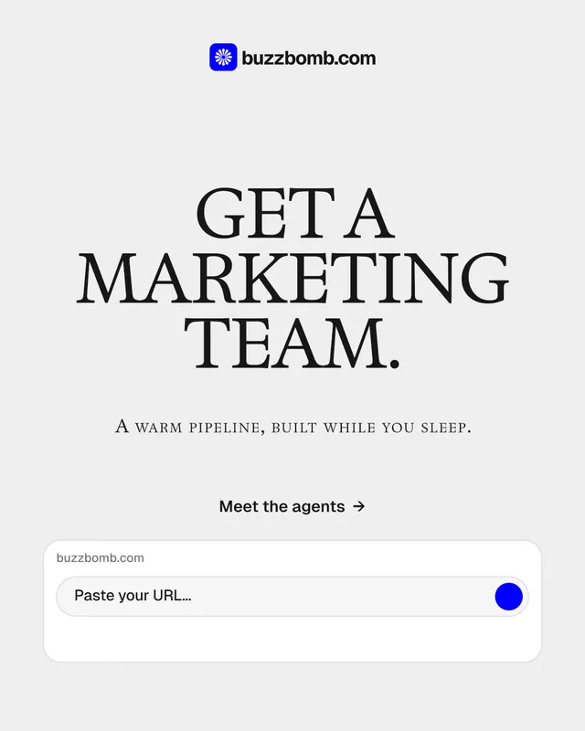 Instagram portrait post for BuzzBomb: "Get a marketing team." Swiss style, smallcaps layout, light palette in white, grey.