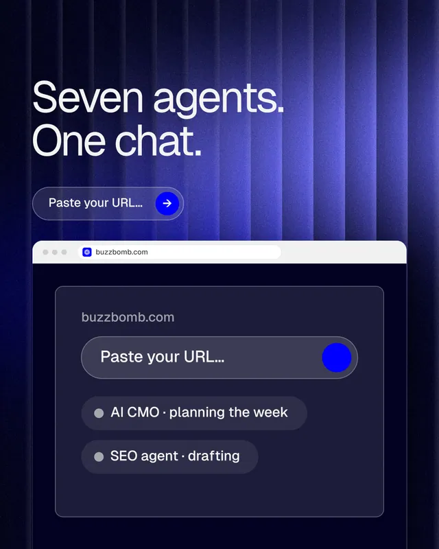 Instagram portrait post for BuzzBomb: "Seven agents. One chat." Agentic glass style, browser layout, dark palette in blue, black.