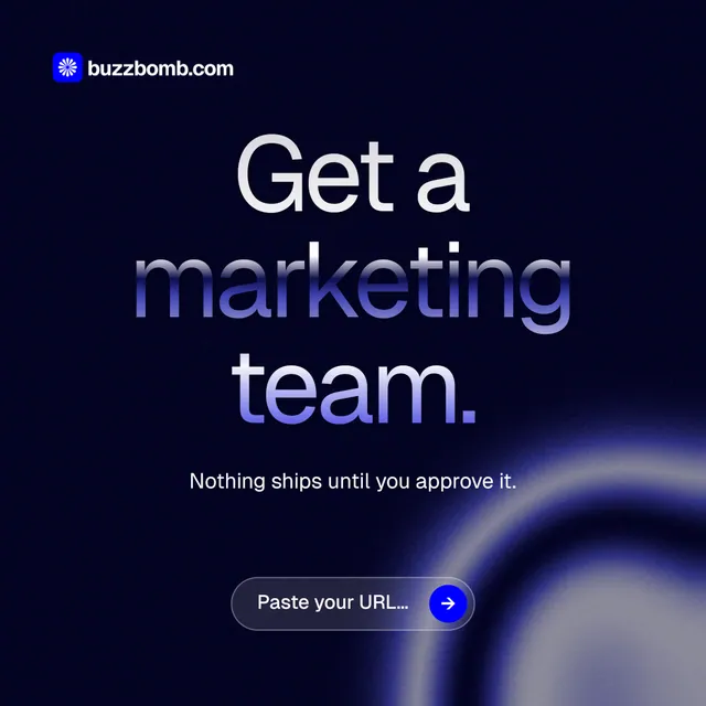 Instagram post for BuzzBomb: "Get a marketing team." Agentic glass style, centred layout, dark palette in black, blue.