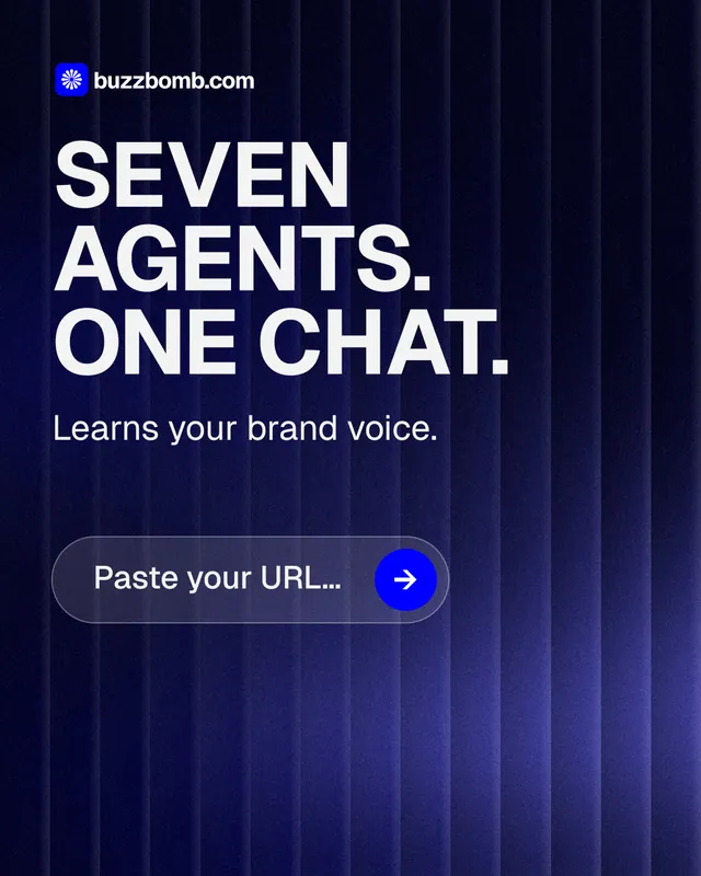 Instagram portrait post for BuzzBomb: "Seven agents. One chat." Agentic glass style, skeleton layout, dark palette in black, blue, grey.