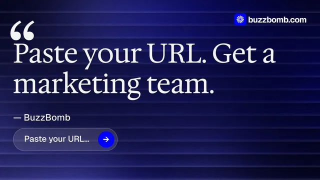 Landscape graphic for BuzzBomb: "Paste your URL." Agentic glass style, quote layout, dark palette in black, blue, grey.