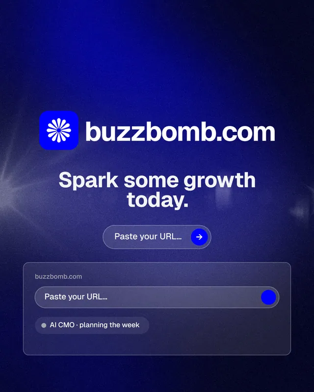 Instagram portrait post for BuzzBomb: "Spark some growth today." Agentic glass style, logo hero layout, dark palette in black, blue.