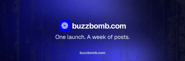 X header for BuzzBomb: "One launch. A week of posts." Swiss style, end card layout, dark palette in black, blue.