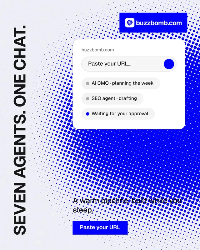 Instagram portrait post for BuzzBomb: "Seven agents. One chat." Swiss style, vertical layout, light palette in blue, white.