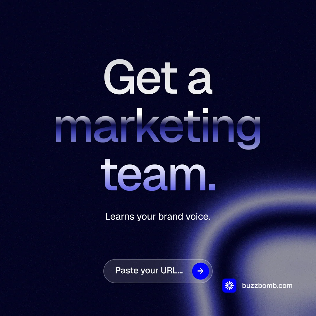 Instagram post for BuzzBomb: "Get a marketing team." Agentic glass style, centred layout, dark palette in black, blue.
