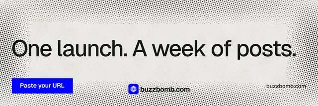 X header for BuzzBomb: "One launch. A week of posts." Swiss style, poster layout, light palette in grey, white.