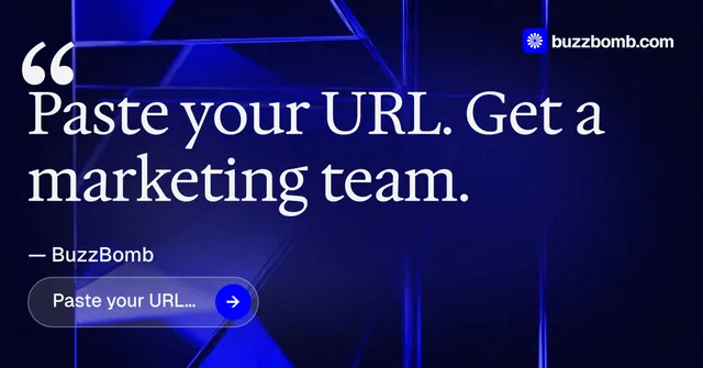 Social ad for BuzzBomb: "Your AI marketing team." Agentic glass style, quote layout, dark palette in black, blue.