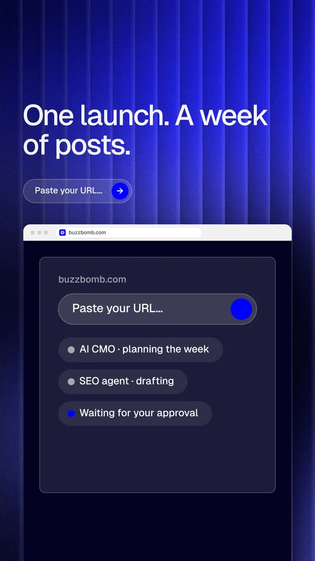 Instagram story for BuzzBomb: "One launch. A week of posts." Agentic glass style, browser layout, dark palette in blue, black.